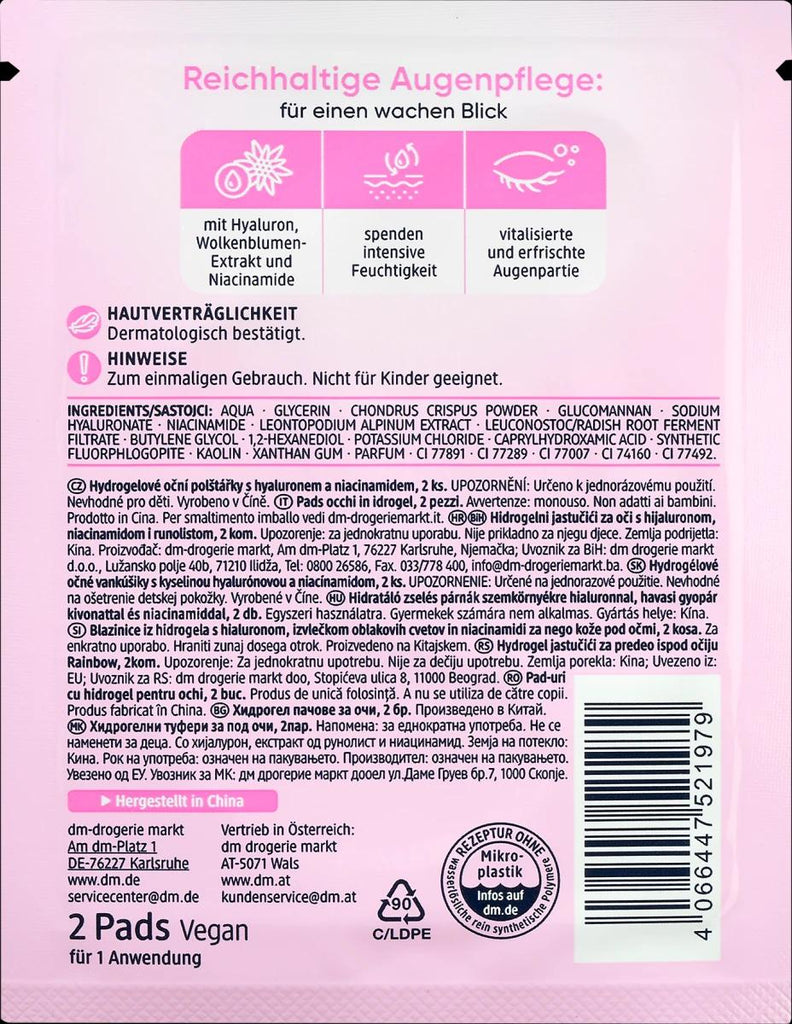 Atvēsinoši acu spilventiņi ar hialuronskābi, mākoņu ziedu ekstraktu un niacinamīdu.